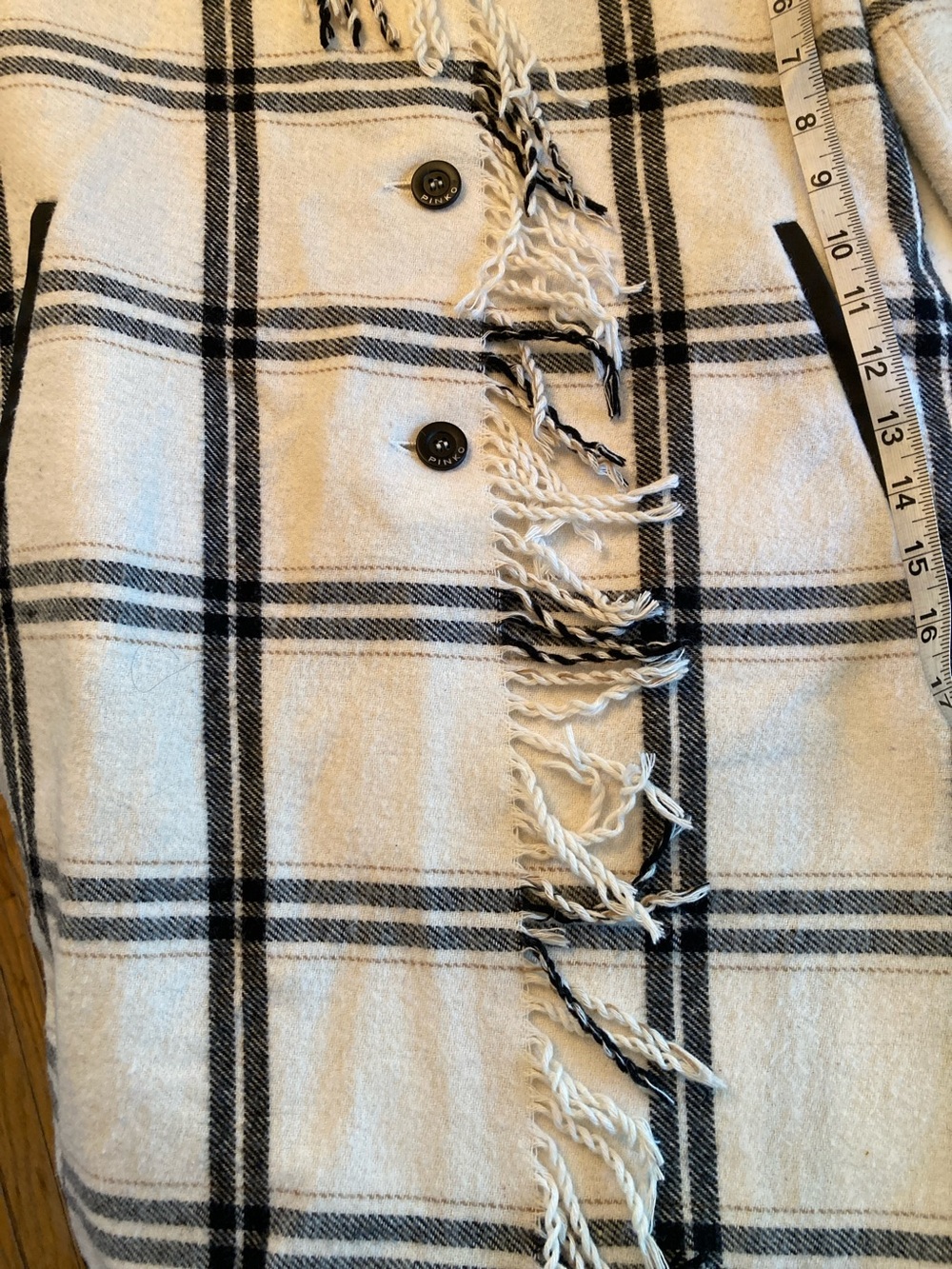 PINKO Cream and Black Plaid Fringe Wool Blend Jacket - Picture 11 of 11